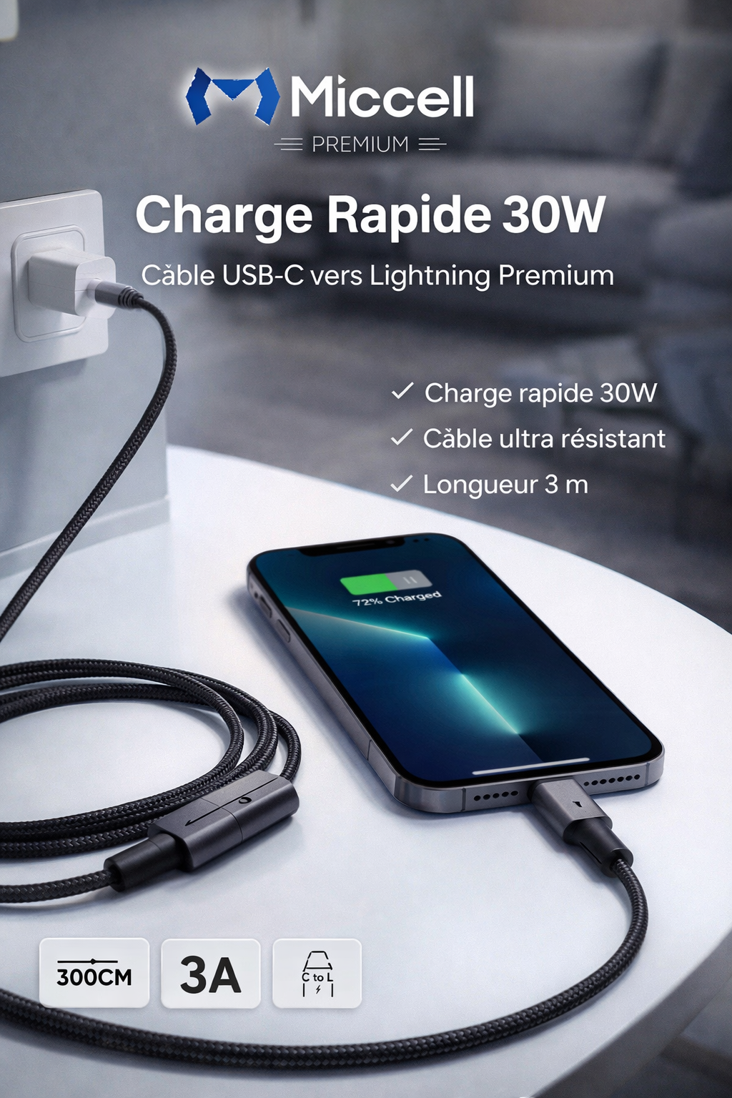 Câble Miccell Premium USB-C vers Lightning – Charge rapide 30W 3M