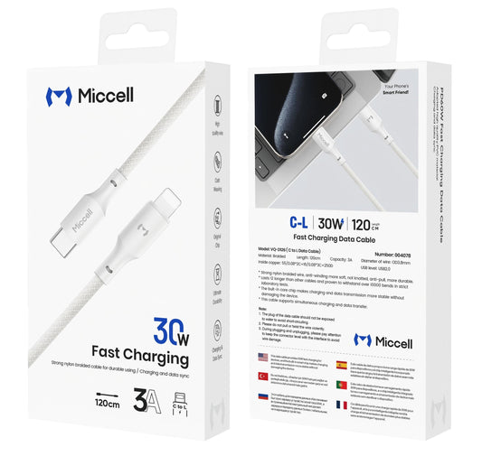 Câble Miccell VQ-D126 – USB-C vers Lightning 30W 1.2M