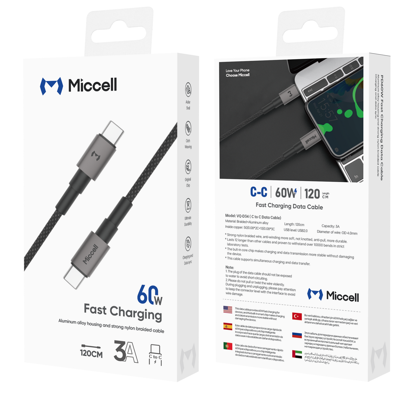 Câble Miccell VQ-D34 – USB-C vers USB-C | Charge rapide 60W 3M