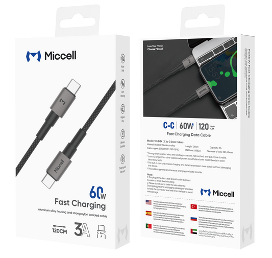 Câble Miccell VQ-D34 – USB-C vers USB-C | Charge rapide 60W 3M
