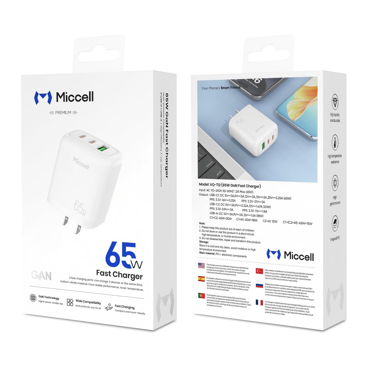 Chargeur Rapide Miccell VQ-T12 – 65W GaN (2 USB-C + 1 USB-A)