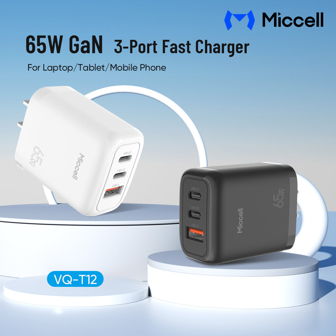 Chargeur Rapide Miccell VQ-T12 – 65W GaN (2 USB-C + 1 USB-A)