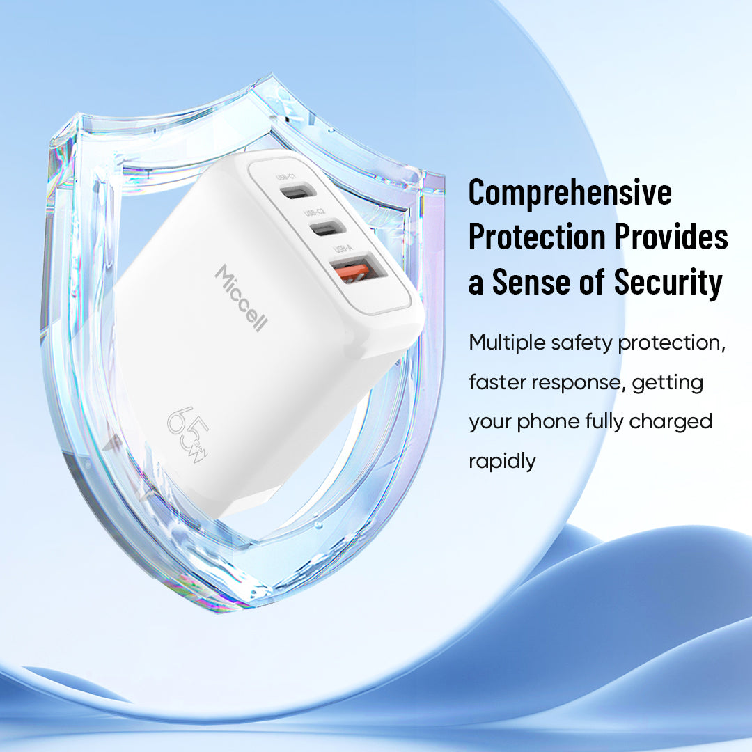 Chargeur Rapide Miccell VQ-T12 – 65W GaN (2 USB-C + 1 USB-A)